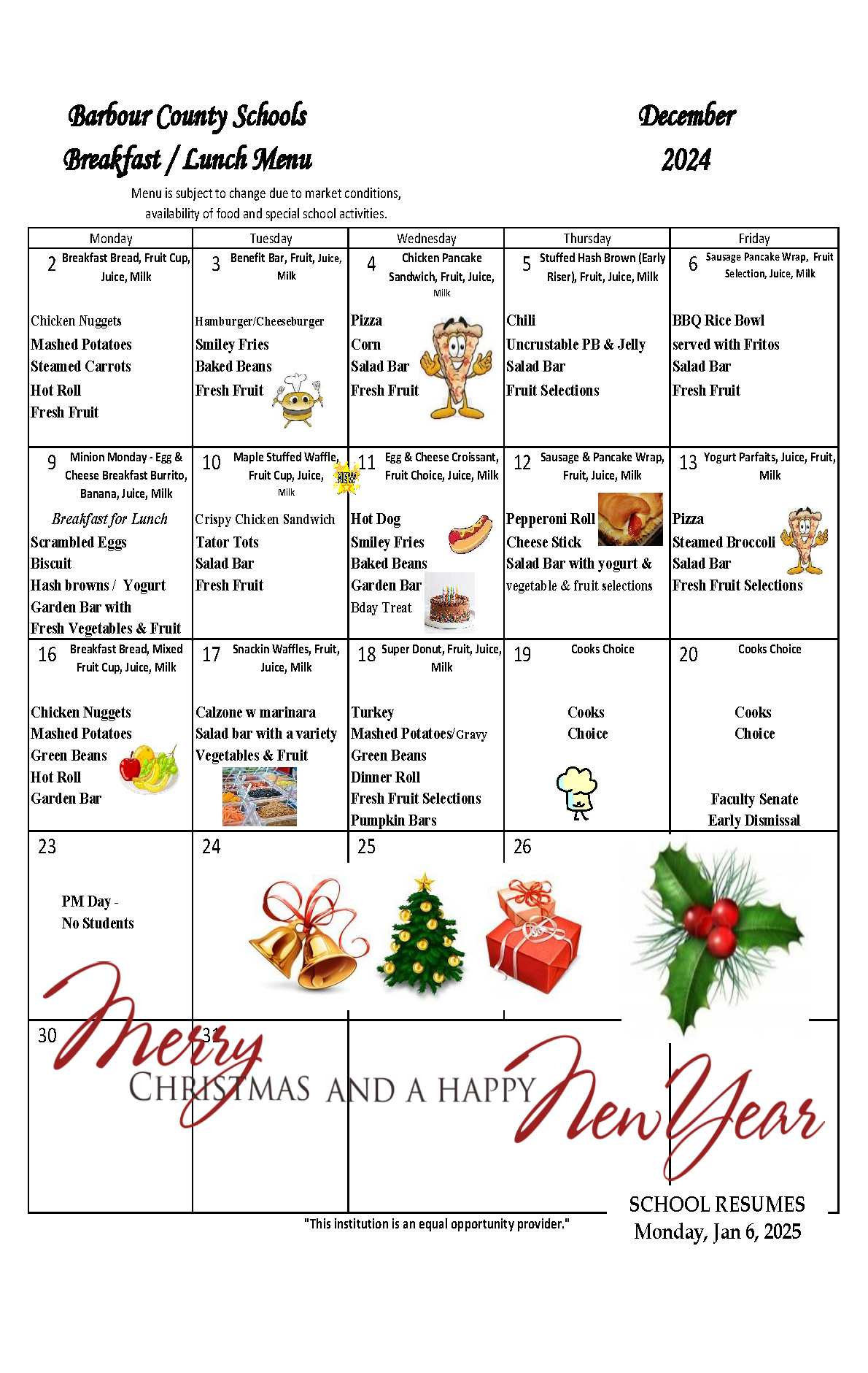 December 2024 Breakfast & Lunch Menu